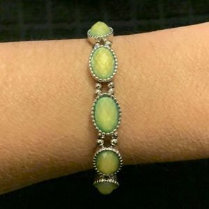 Silver Tone and Green Stretch Bangle Bracelet 6.5"